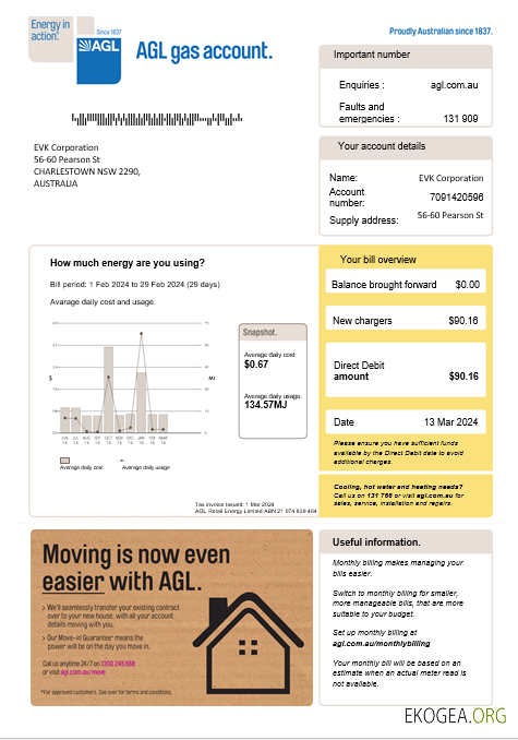 Modèle Word et PDF de facture de services publics de gaz AGL en Australie, version 2
